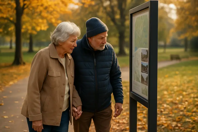 Residents walking near a trail junction with directional posts