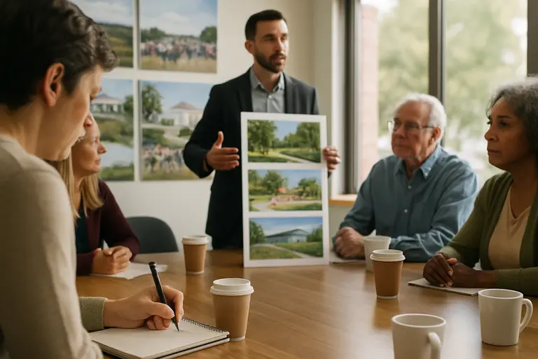 Community members reading park project documents during a public meeting