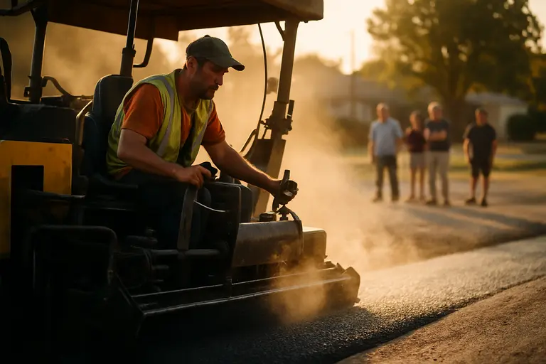 Fresh pavement on a multi-lane road near neighborhood streets