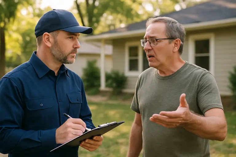 Homeowner reviewing floodplain documents and property maps at a table