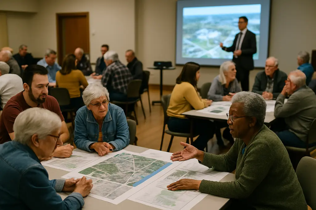 Residents review infrastructure planning materials at a community meeting