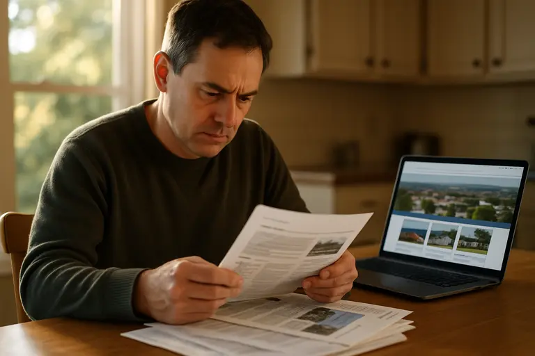 Person reading a printed public notice beside a laptop