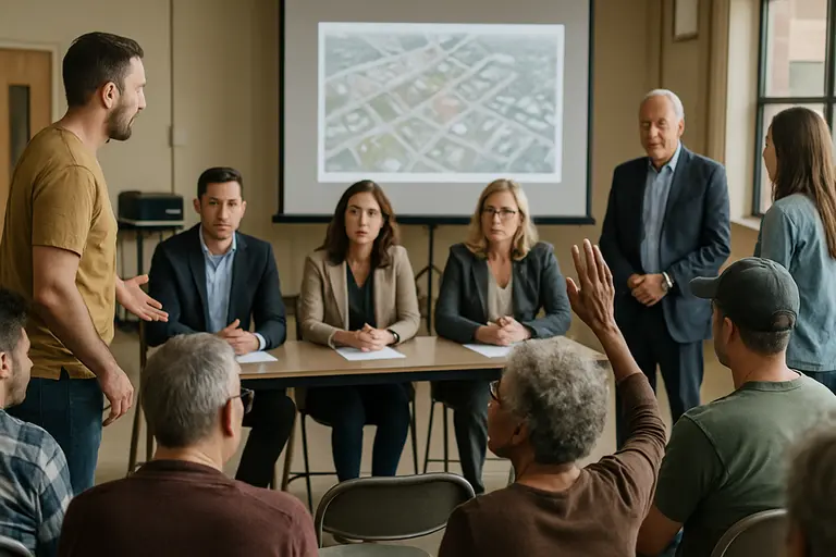 Residents reviewing planning materials at a public meeting table