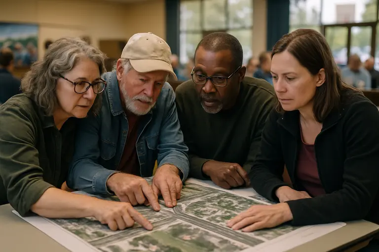 Small group reviewing street plans in a public meeting room