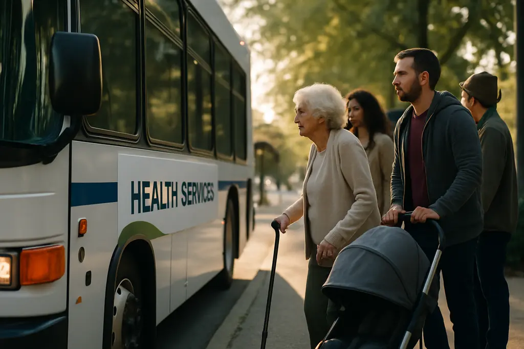 Baltimore Wellness Transit riders waiting near a city bus stop and crosswalk