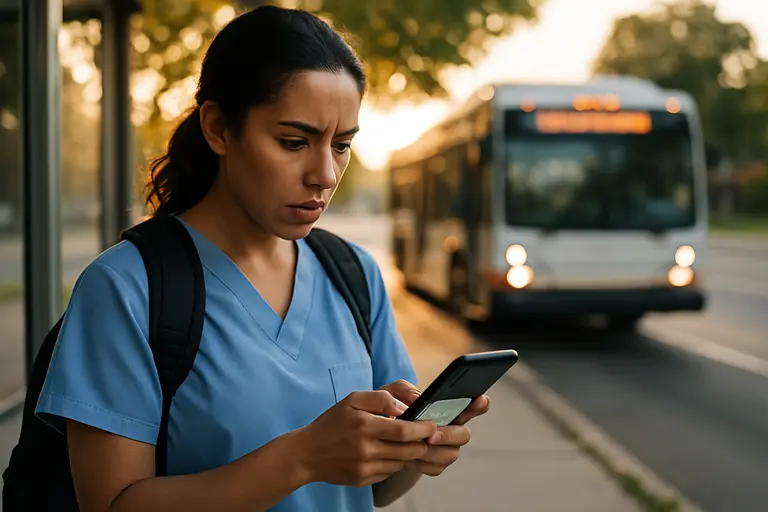 Community health worker speaking with a resident near a transit stop