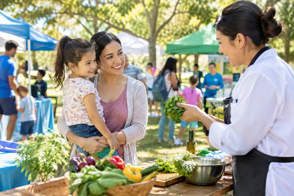 Residents review local wellness events at a community health fair table
