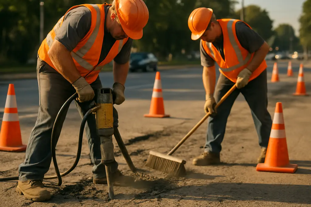 Pave More Now road crew working on a Fresno street with traffic cones nearby